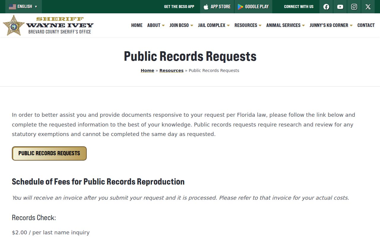 Brevard Sheriff public records request page