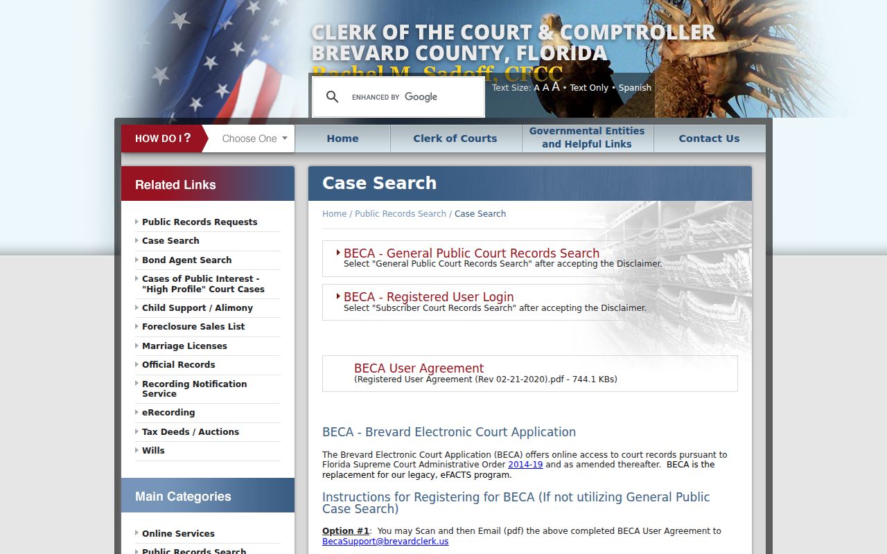 Brevard Clerk case search and BECA information page