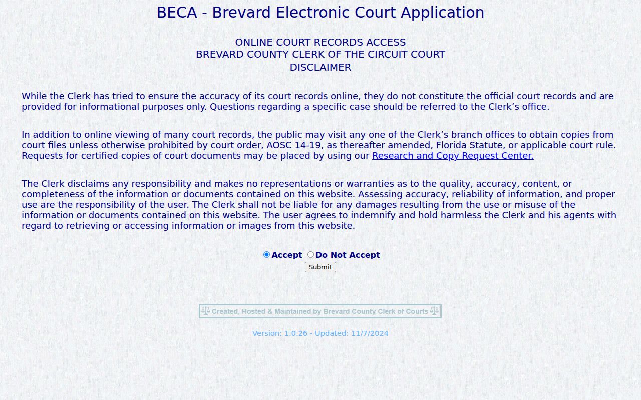 Brevard Clerk BECA public case search entry screen