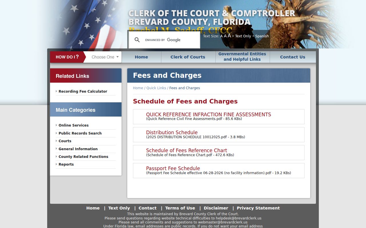 Brevard Clerk fees and charges page for court record copies