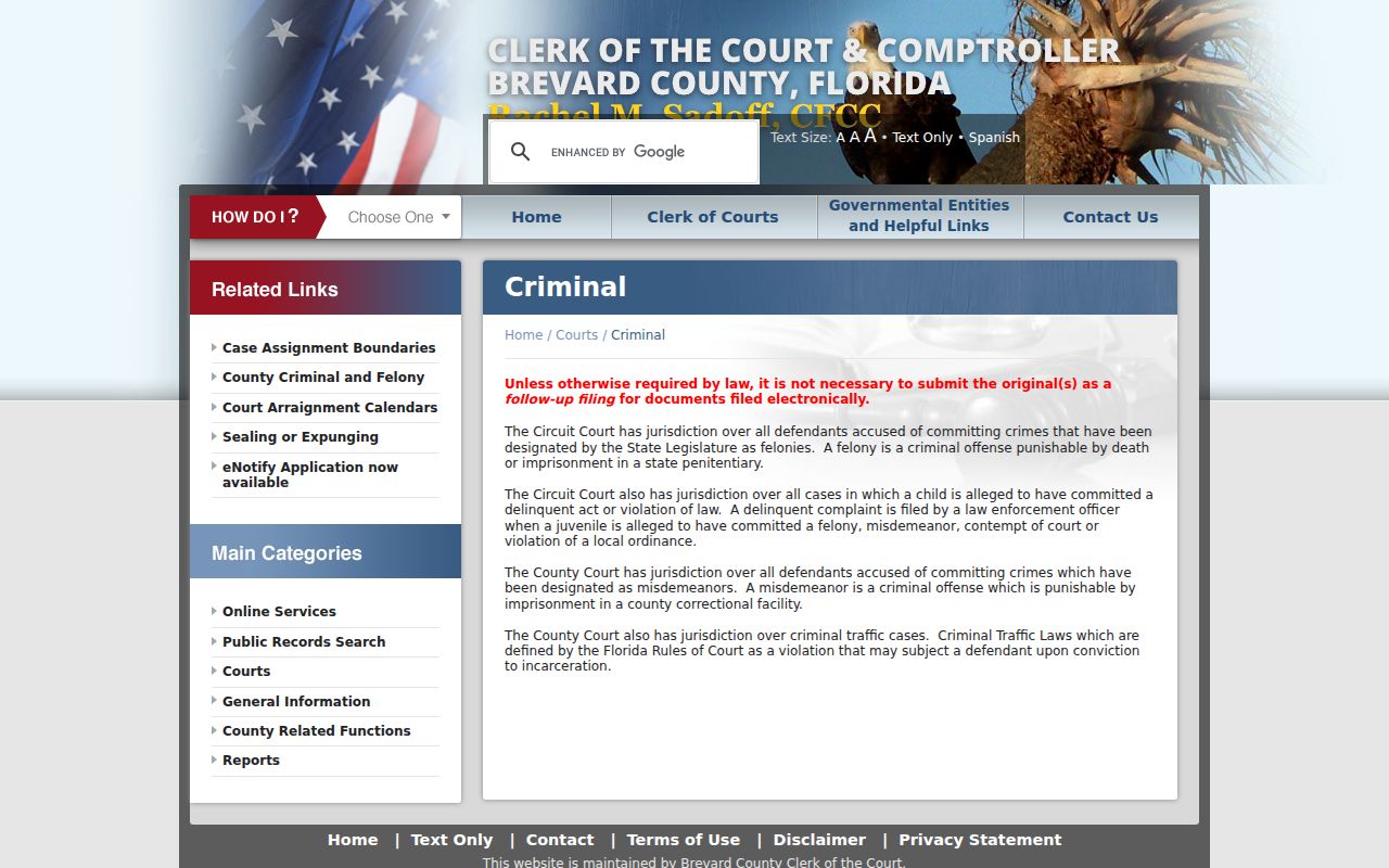 Brevard Clerk Criminal Department information page
