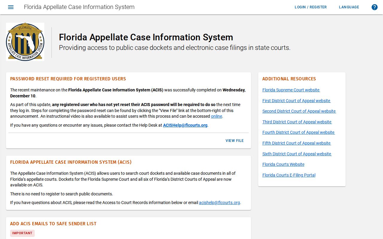 Florida Appellate Case Information System search page