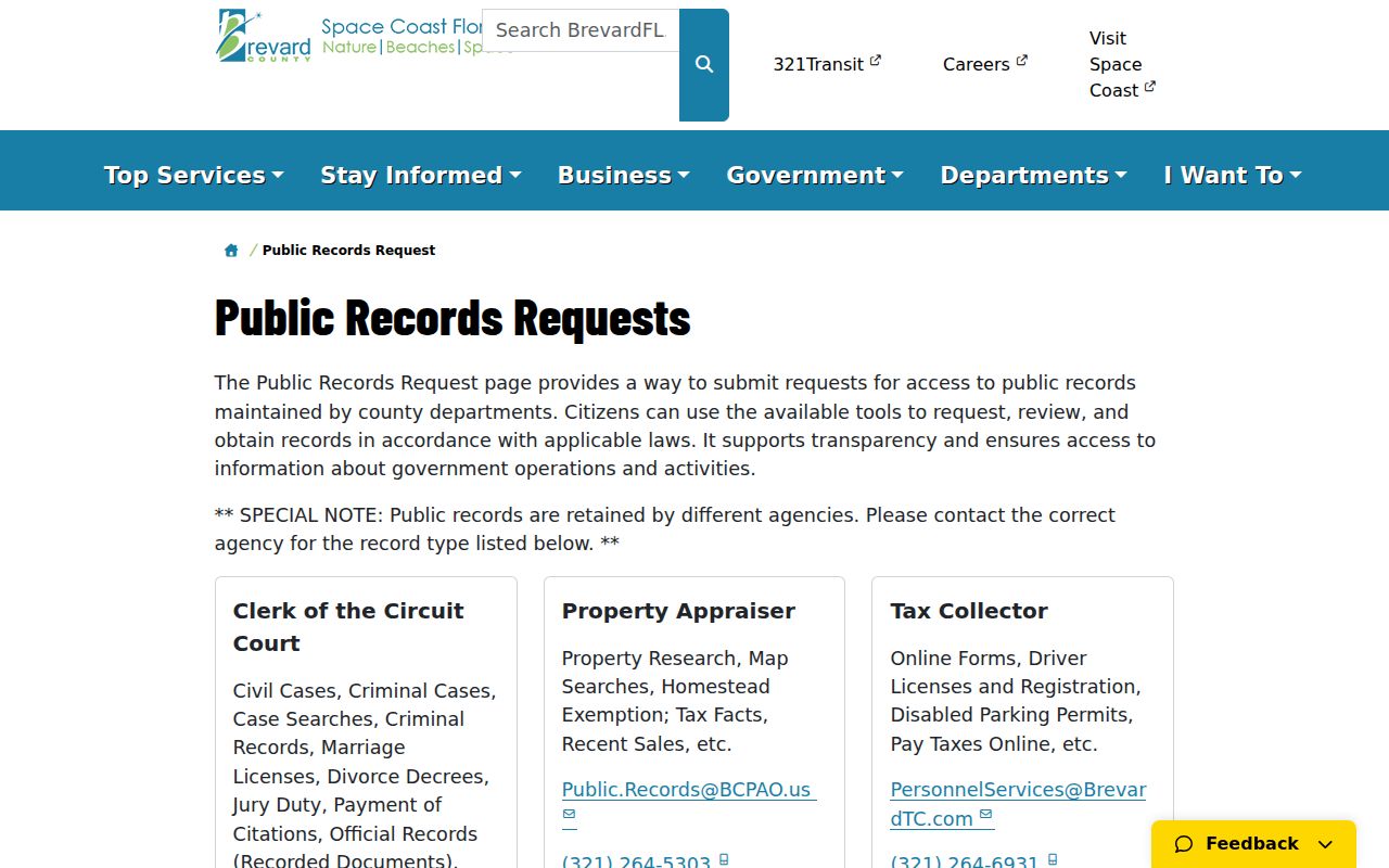 Brevard County public records request routing page