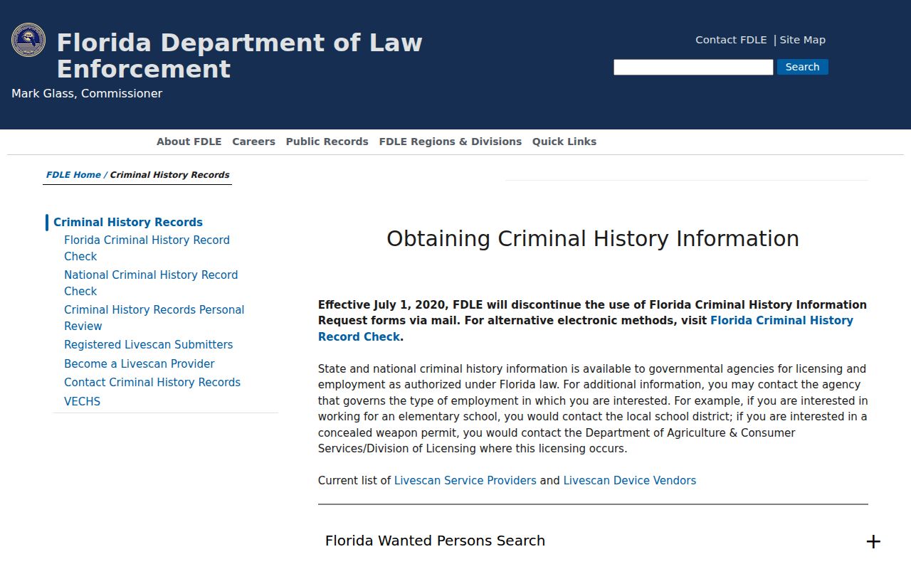 Florida Department of Law Enforcement criminal history records hub