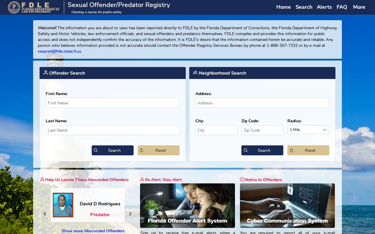 Florida registry home page with person and neighborhood search choices